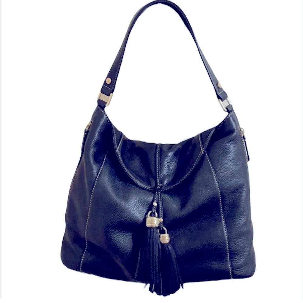 CALVIN KLEIN Black Leather Tassel Shoulder Bag Light Pebble Gold Accent